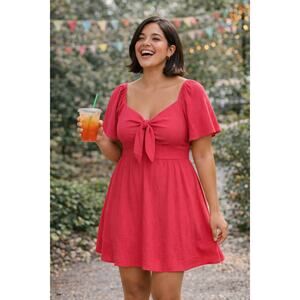 Dokotoo XL Hot Pink Fit & Flare Dress – Tie Front, Flutter Sleeves